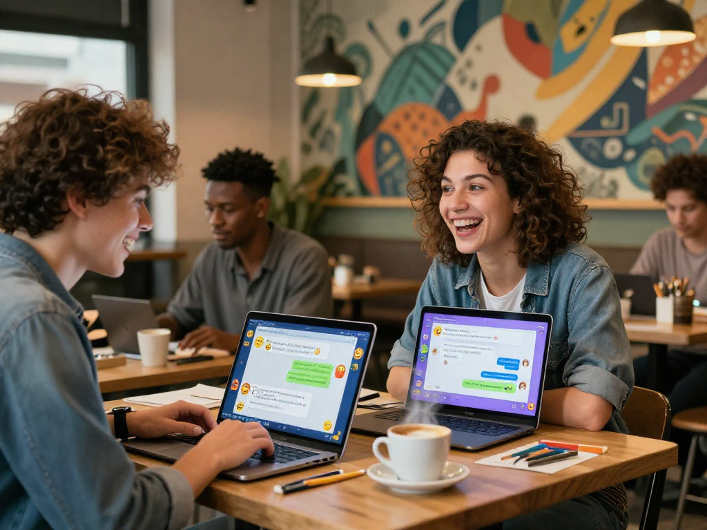 Engaging AI NSFW chat interaction in a lively café with young adults sharing laughter and creativity.