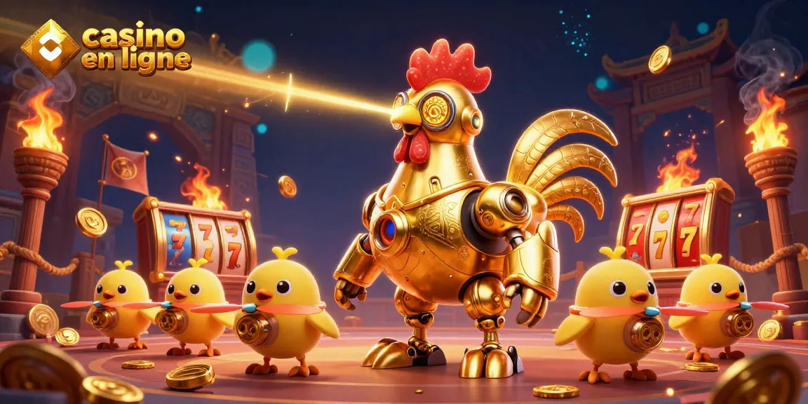 Jouer au casino en ligne avec des robots et des éléments de jeu dans une illustration 3D vibrant.