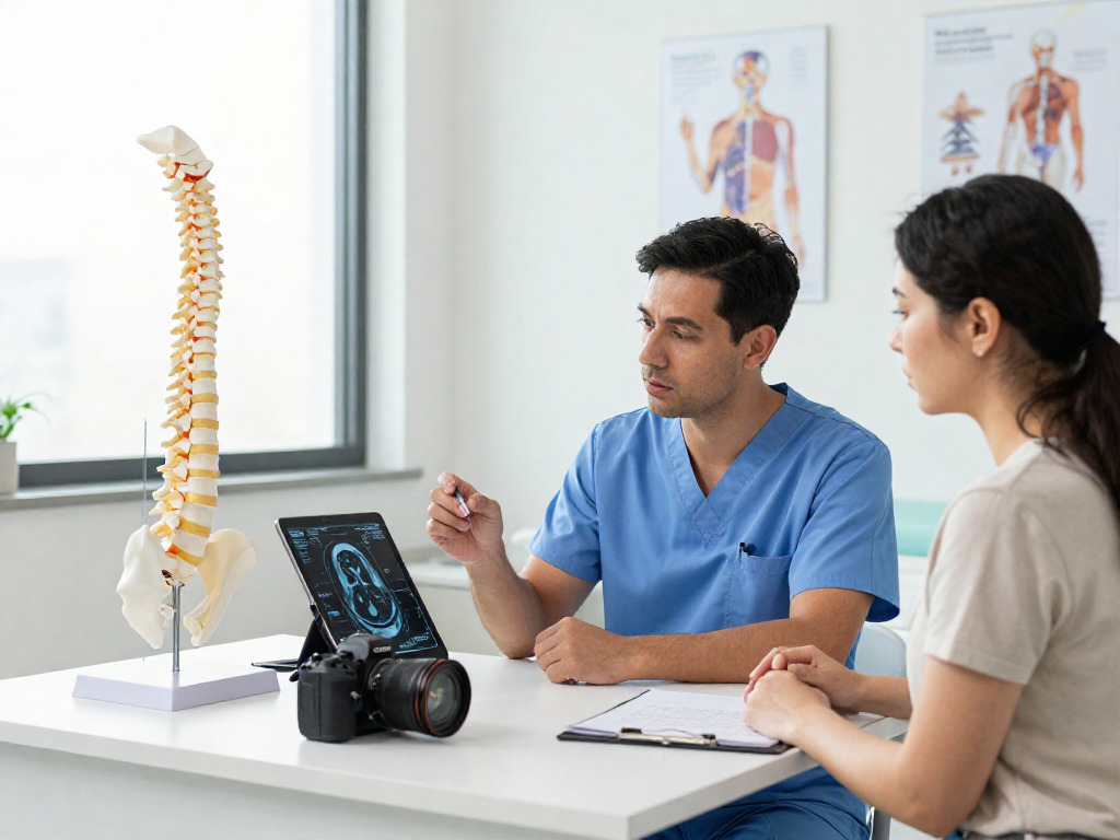 Boyun fıtığı ameliyatı discussion in a modern medical office with doctor and patient.