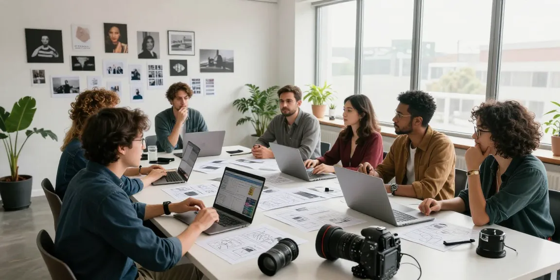 Creative team collaborating in a video production company studio focusing on storytelling.