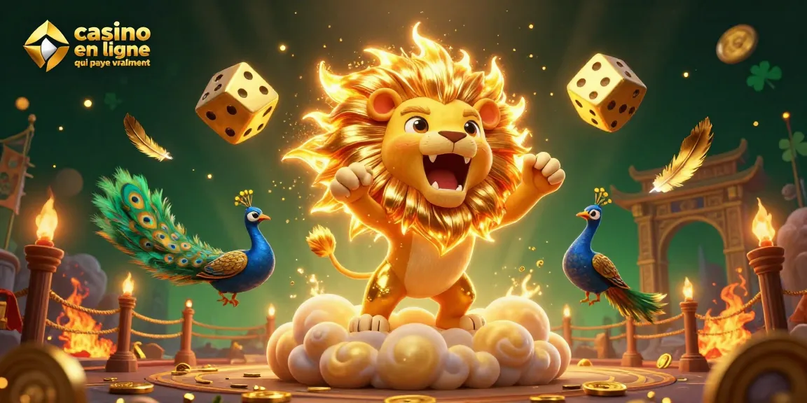Casino en ligne qui paye vraiment, lion triomphant entouré de dés d'or et d'éléments de jeux, dynamique et captivant