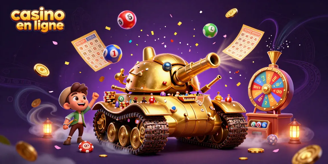 Casino en ligne : illustration festive avec un tank-casino doré et des jeux animés.