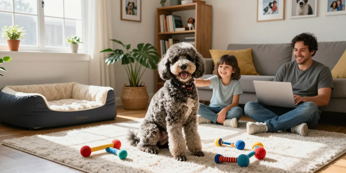 Playful merle Poodle in a cozy home setting with family, showcasing unique coat patterns.