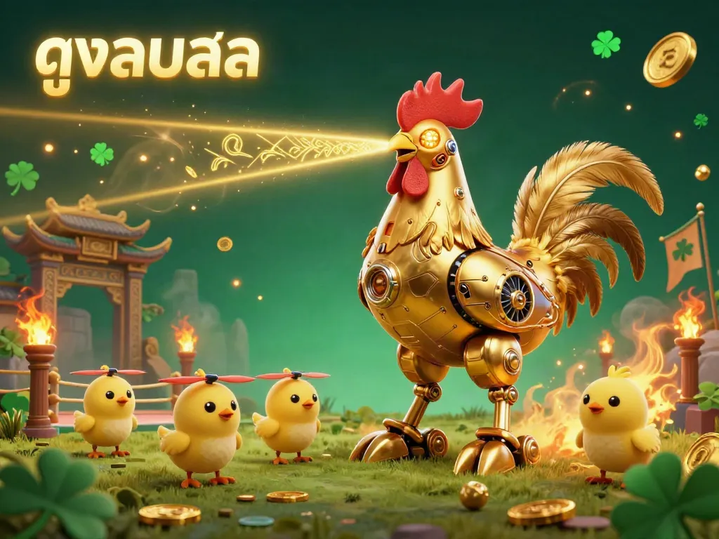Exciting illustration of ดูบอลสด with a golden rooster robot and baby chick drones amidst a gambling-themed backdrop.