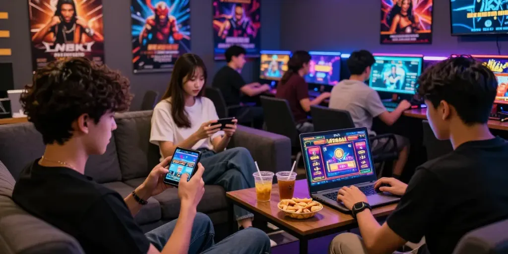 Players enjoying MPO88ASIA online gaming experience on smartphones and laptops in a vibrant gambling atmosphere.