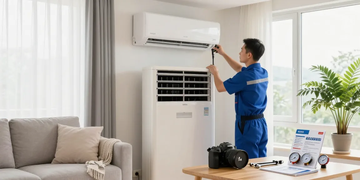 AC Service Near Me technician performing maintenance in a modern living room.