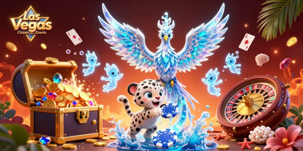 Experience Las Vegas Corporate Events with a vibrant casino illustration featuring an ice phoenix, a snow leopard cub, and glowing sprites.