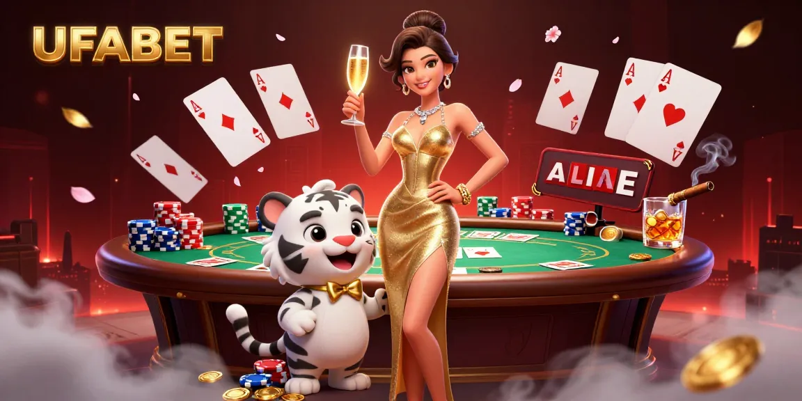 Place your bets at UFABET with a glamorous woman and a lucky tiger amidst vibrant casino elements.