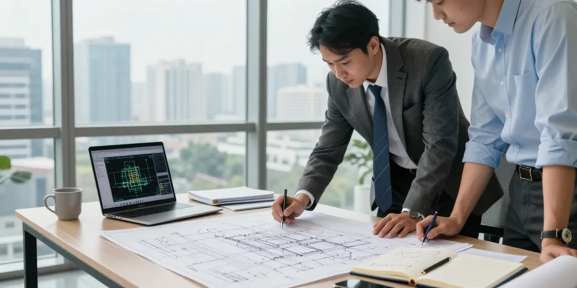 Structural engineer Missouri discussing blueprints and designs in modern office