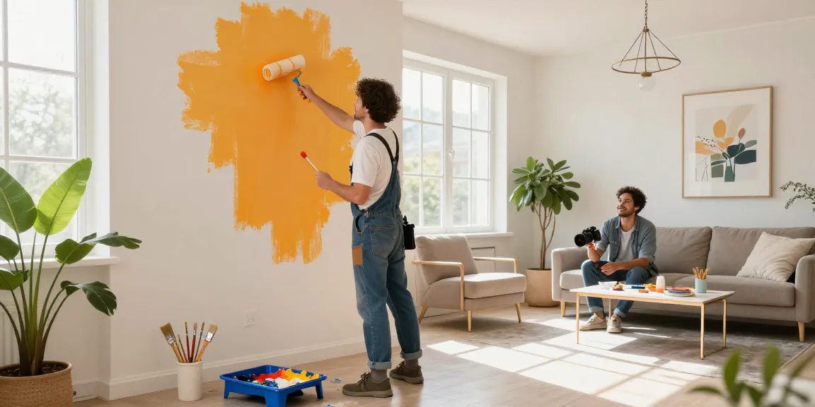 Painting services showcased in a stylish living room where a painter transforms the space with vibrant colors, reflecting professionalism.