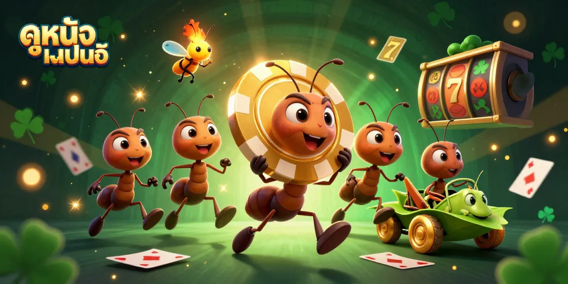 Engage with ดูหนังออนไลน์ in 2026, featuring a dynamic heist by cartoon ants, poker chips, and vibrant casino elements.