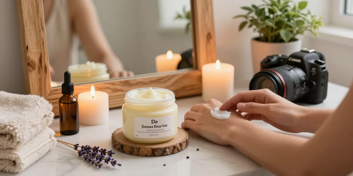 Applying De stress Whipped Body Butter in a serene home spa environment.