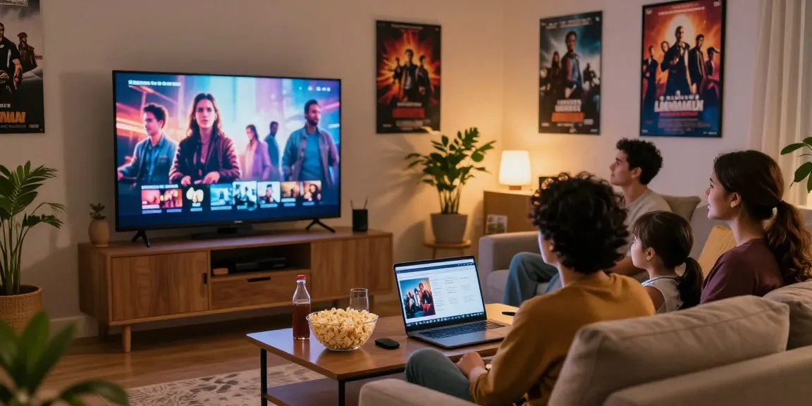 Bolly4u.org streaming scene in a cozy living room with viewers enjoying a blockbuster film while surrounded by popcorn and drinks.