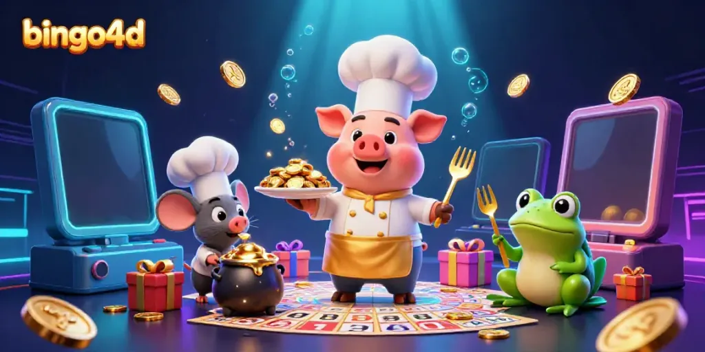 Permainan bingo4d yang mendebarkan ditampilkan dengan karakter chef, mouse dan kodok dalam suasana ceria.