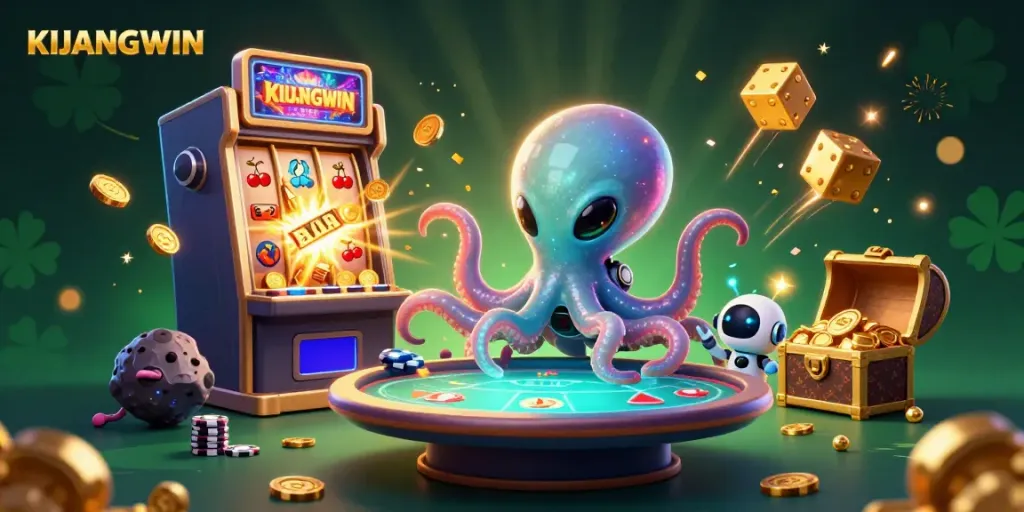 KIJANGWIN menyajikan ilustrasi 3D yang kaya dengan tema permainan kasino, menampilkan karakter unik dan elemen permainan.