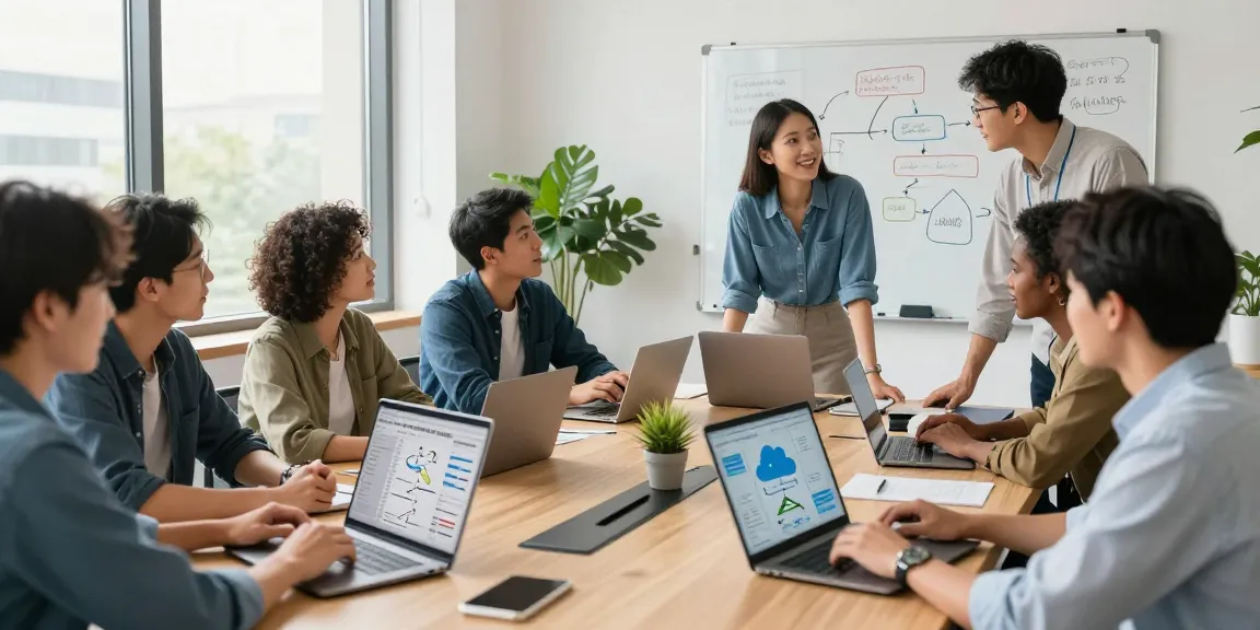 Collaboration scene showcasing cloud telephony solutions for מרכזיה לעסקים in a modern office setting.