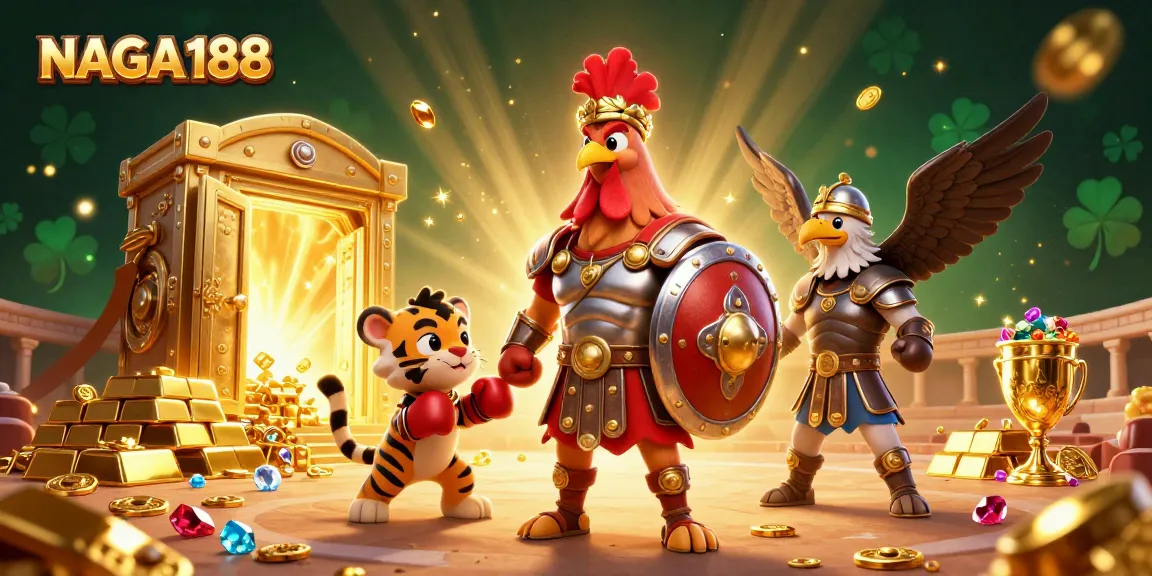 NAGA188 menghadirkan pertandingan antara ayam gladiator dan anak harimau di arena, dikelilingi harta karun yang berkilau.