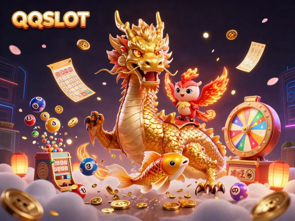 Win big with QQSLOT as the golden dragon and phoenix soar over vibrant casino elements.
