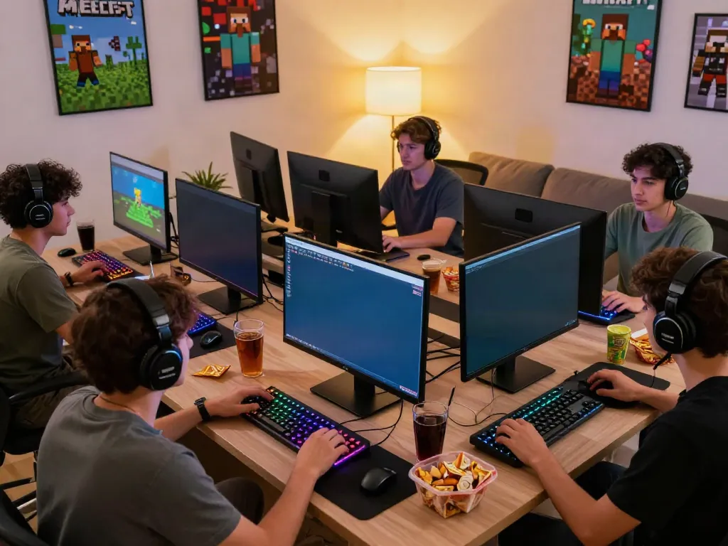 Friends enjoying multiple Minecraft servers in a cozy gaming setup.