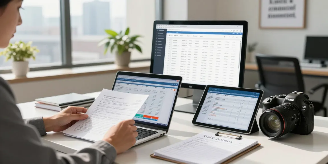 Rental Property Accountant reviewing tax documents with calculator in professional office setting.