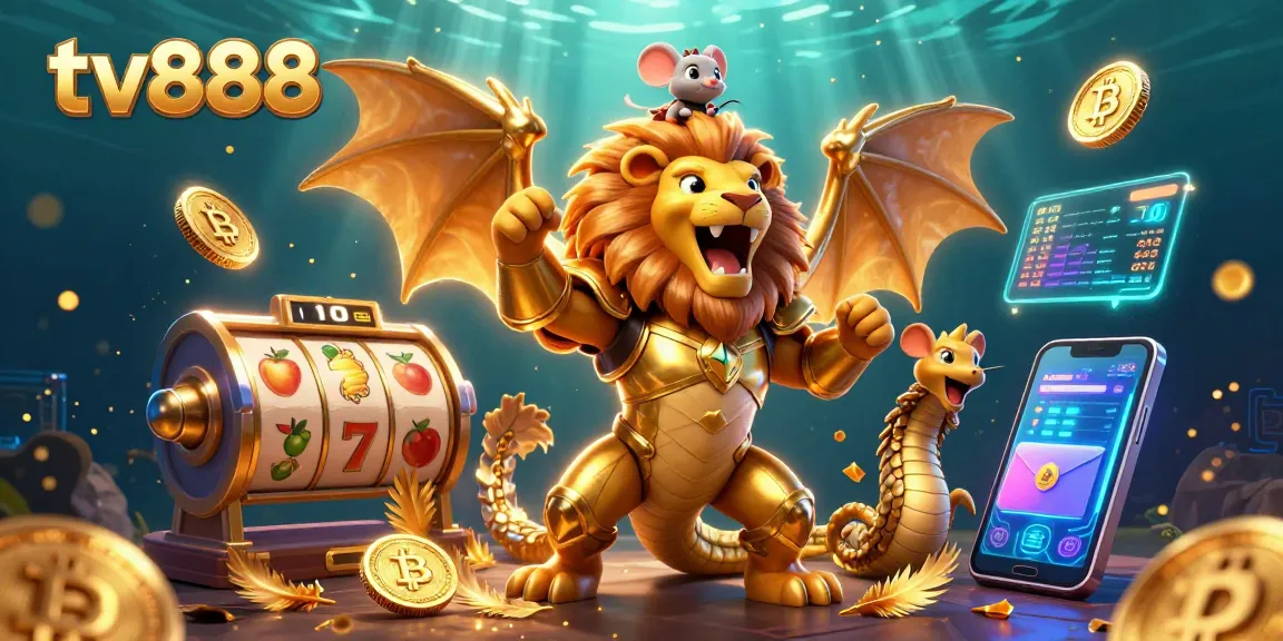 Experience thrilling slot victories at tv888 with vibrant graphics and animated characters in a lively casino scene.