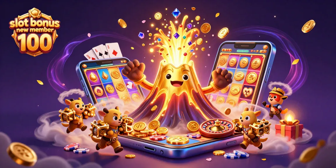 Engage with the thrilling slot bonus new member 100 scene featuring a golden volcano and treasure-hunting animals.
