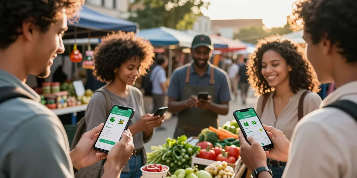 Individuals using a local services finder app at a bustling market, showcasing community connections.