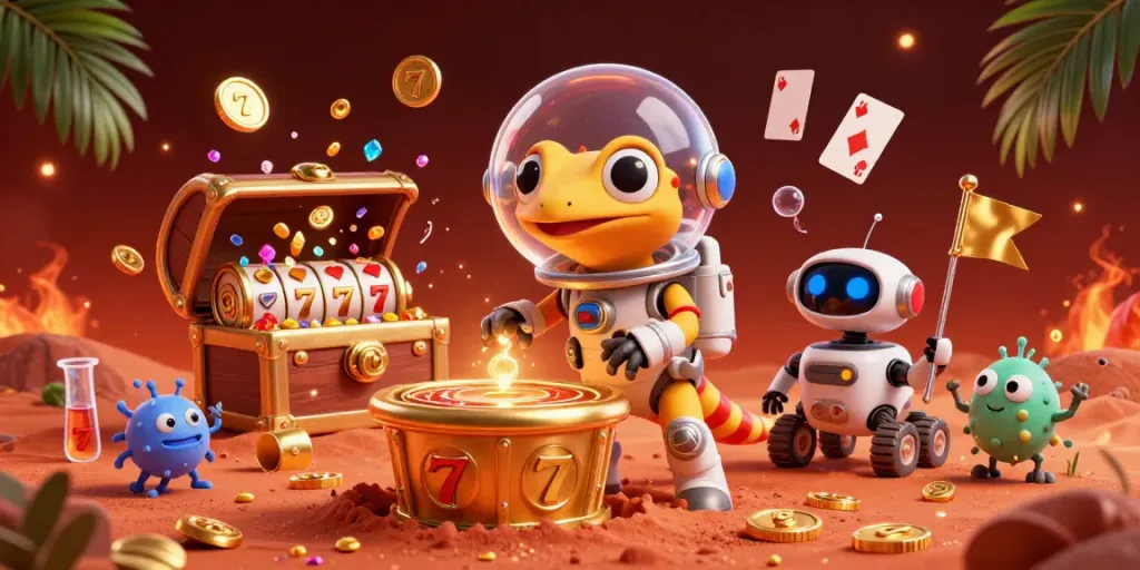 Martian gecko menemukan situs slot terpendam di atas pasir merah Mars dengan kasino yang berkilau.