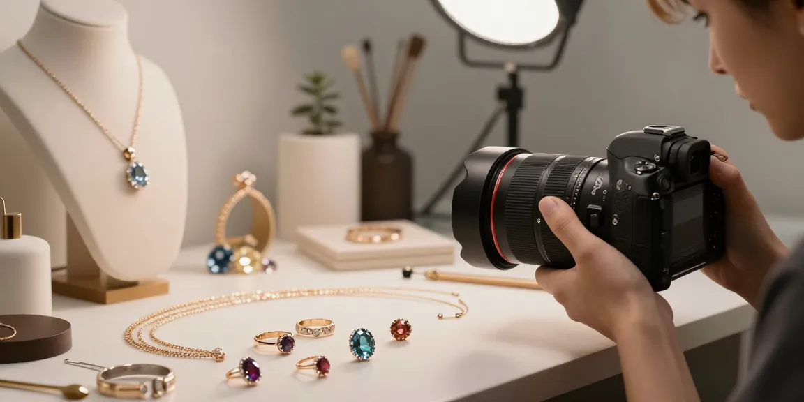 Fotografo di Gioielli esperto cattura dettagli raffinati di anelli e collane in uno studio elegante.