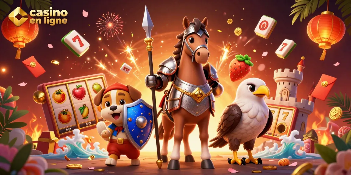Découvrez l'action du casino en ligne avec un chevalier, un chiot et un faucon dans une illustration 3D vibrante.