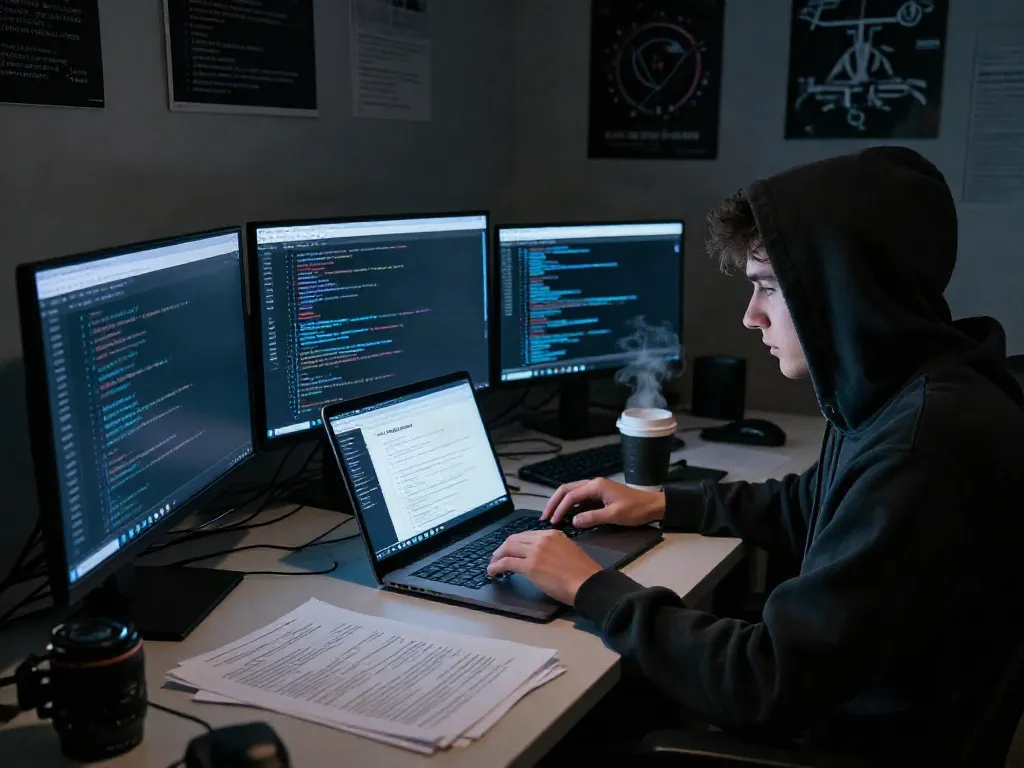 The hidden wiki directory illuminated on multiple screens within a dark web exploration environment showcasing cybersecurity tools.