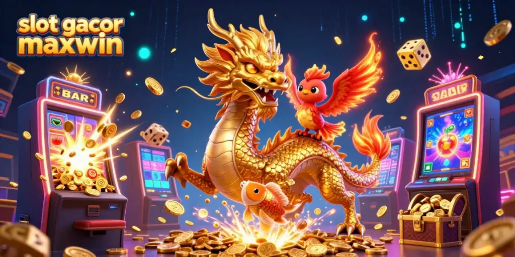 Experience thrill with slot gacor maxwin featuring a golden dragon, phoenix, and koi amidst a jackpot explosion.