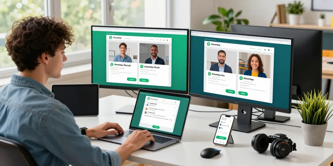 Young professional using WhatsApp網頁版 on multiple screens in a modern workspace.