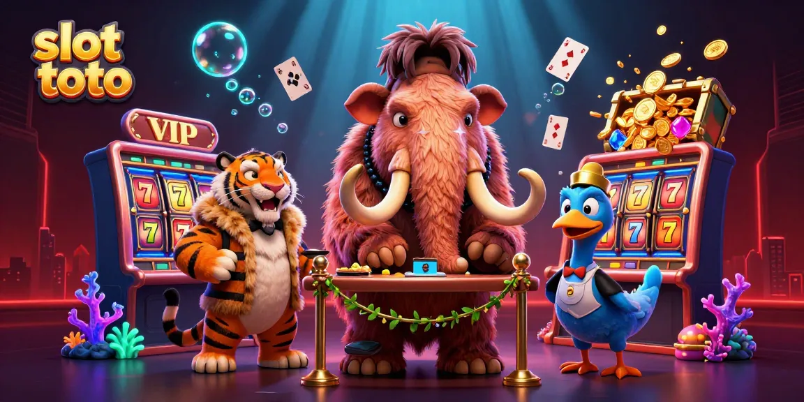 Experience the thrill of slot toto with 3D cartoon characters at a vibrant casino scene.
