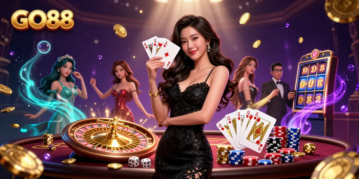 Experience GO88's vibrant casino atmosphere with a glamorous Asian woman holding playing cards amid cascading coins and gems.
