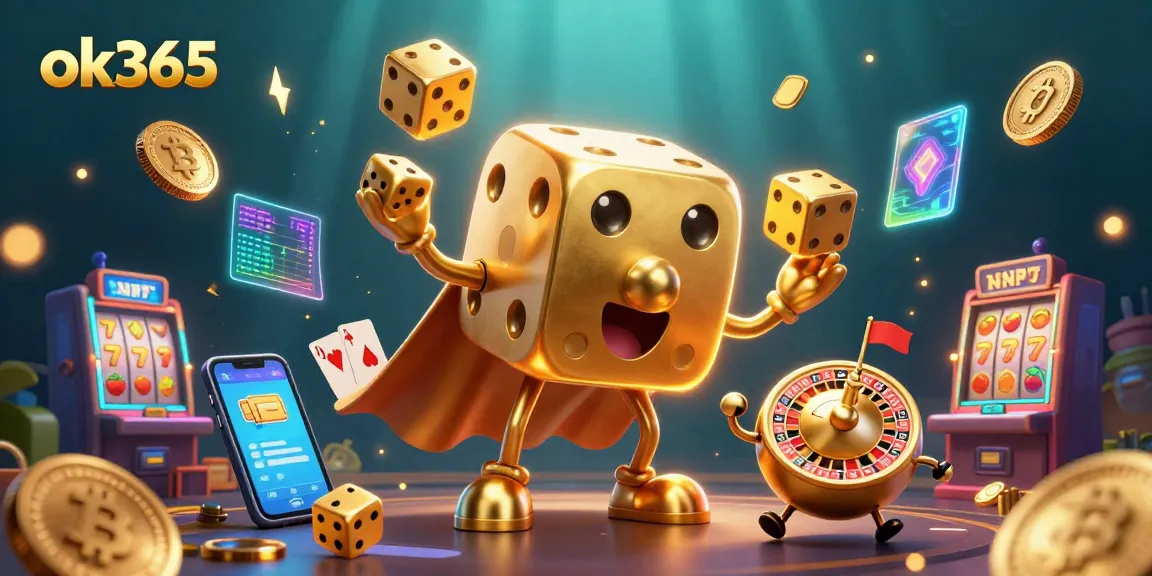 Play vibrant slot games and roulette with ok365, featuring golden dice and crypto elements in action.