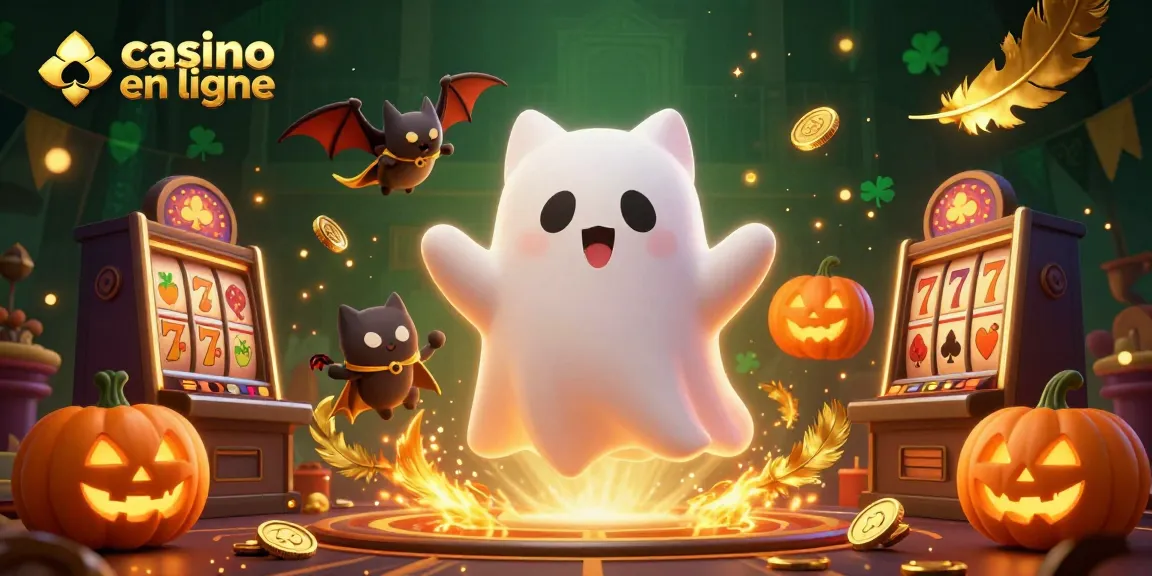 Profitez des jeux au casino en ligne avec un chat fantôme et une chauve-souris dans un décor ludique.
