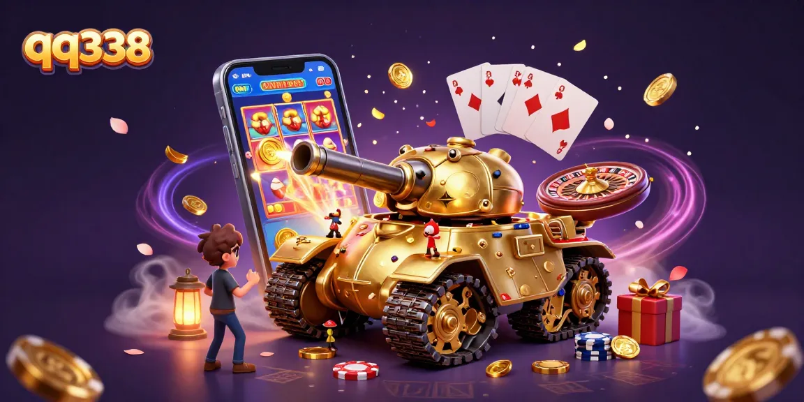 Engage in thrilling action with qq338's vibrant casino scene featuring a golden beetle tank and casino elements.