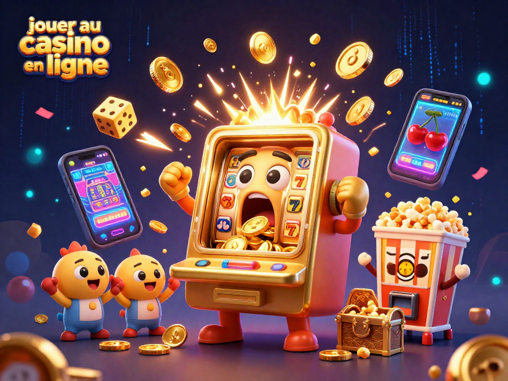 Jouer au casino en ligne avec une machine à sous dorée qui remporte un jackpot et tient un coffre rempli d'or.