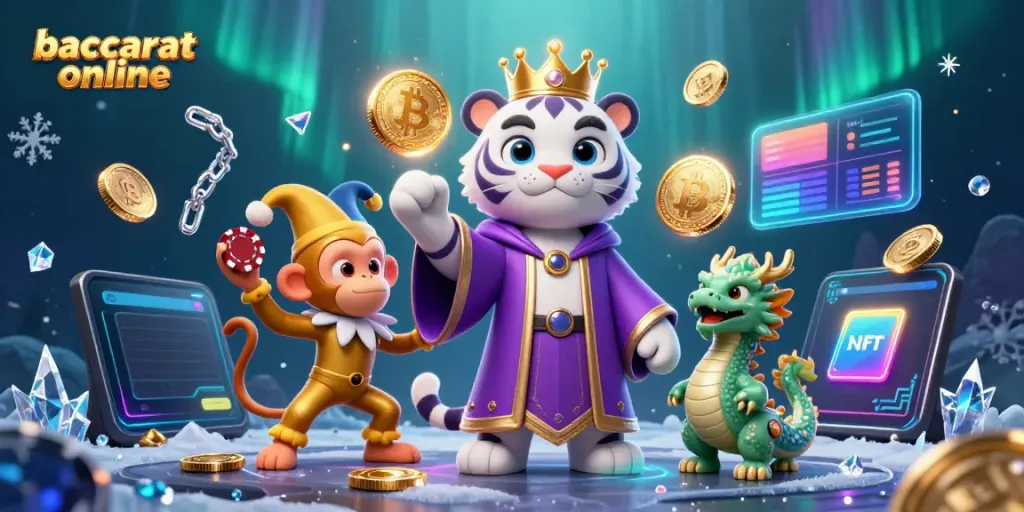 Experience baccarat online with a vibrant scene featuring a royal tiger, a jester monkey, and a dragon amidst casino elements