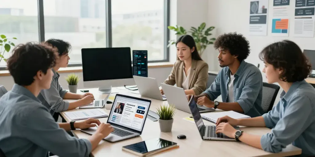Team collaborating on AI generated social media announcements in a vibrant office.