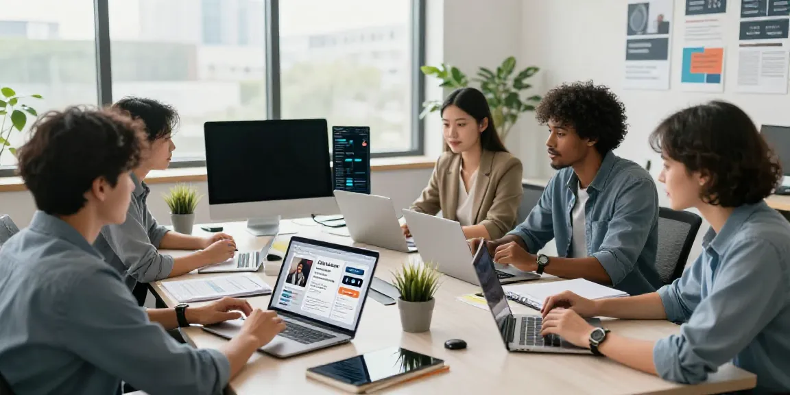 Team collaborating on AI generated social media announcements in a vibrant office.