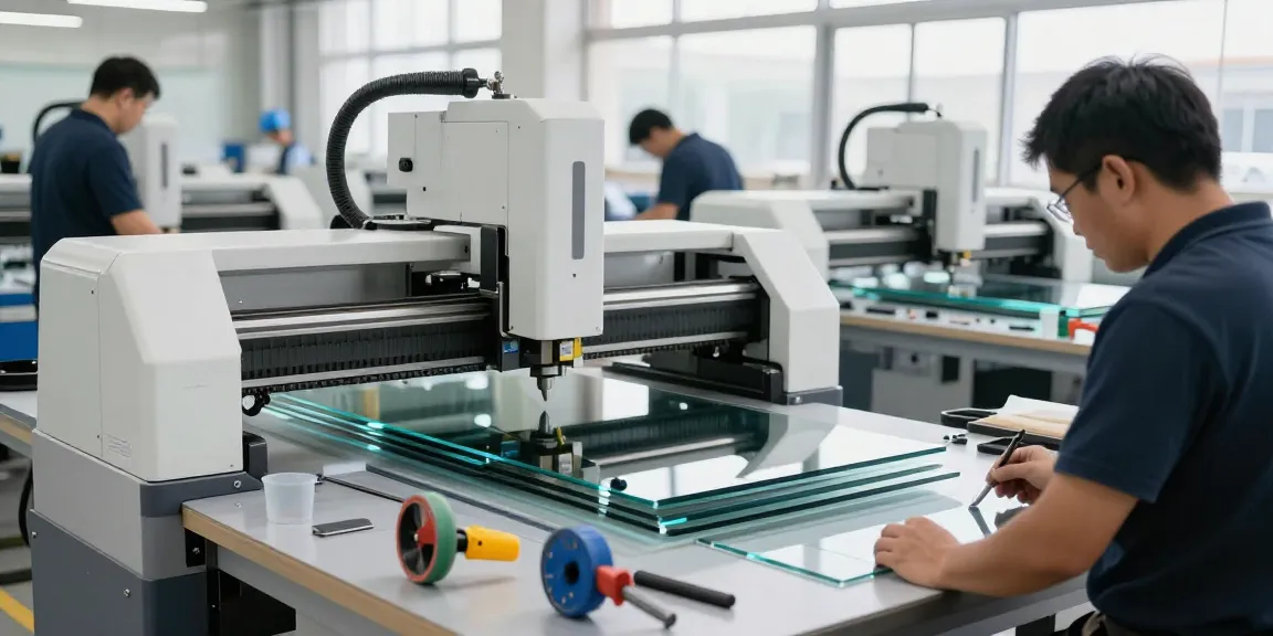 Technicians using advanced glass cutting machines in a modern industrial setting.