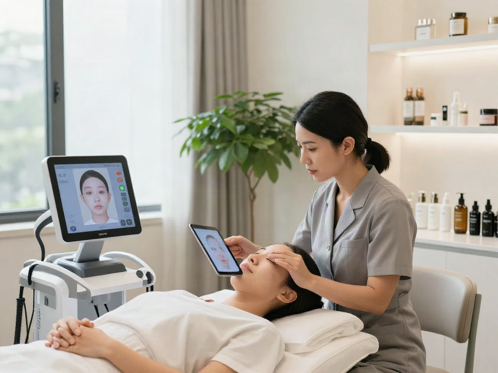 ClinicEvo better than QOVES, a client receiving advanced facial analysis in a modern aesthetic clinic.