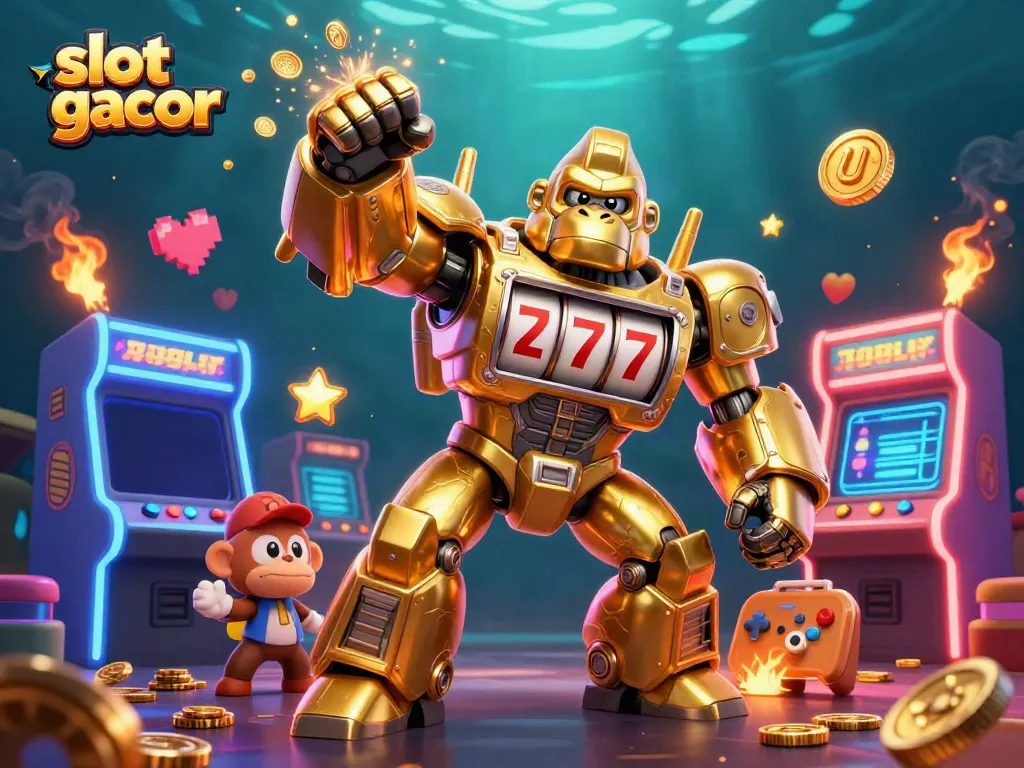 Slot gacor: ilustrasi 3D interaktif mesin slot emas dengan karakter unik dalam atmosfer permainan kasino.