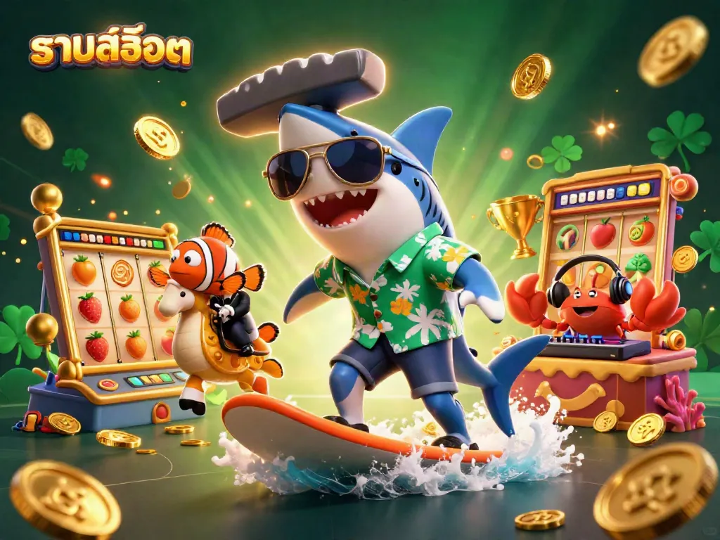 Catch exciting moments in รวมสล็อต with a shark, clownfish, and crab in a vibrant casino scene.
