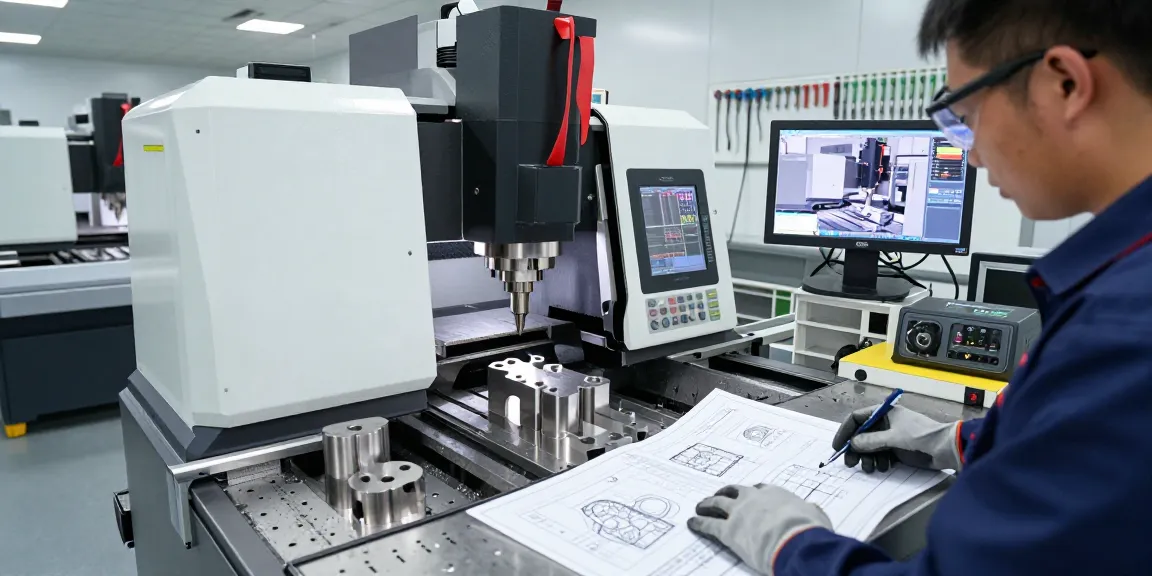 CNC machining service in action with technician operating high-tech machine in a modern workshop.