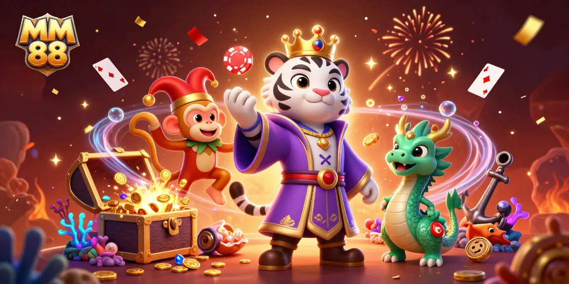 Experience thrilling gameplay at MM 88 with a vibrant 3D illustration featuring exciting casino characters juggling poker chips.