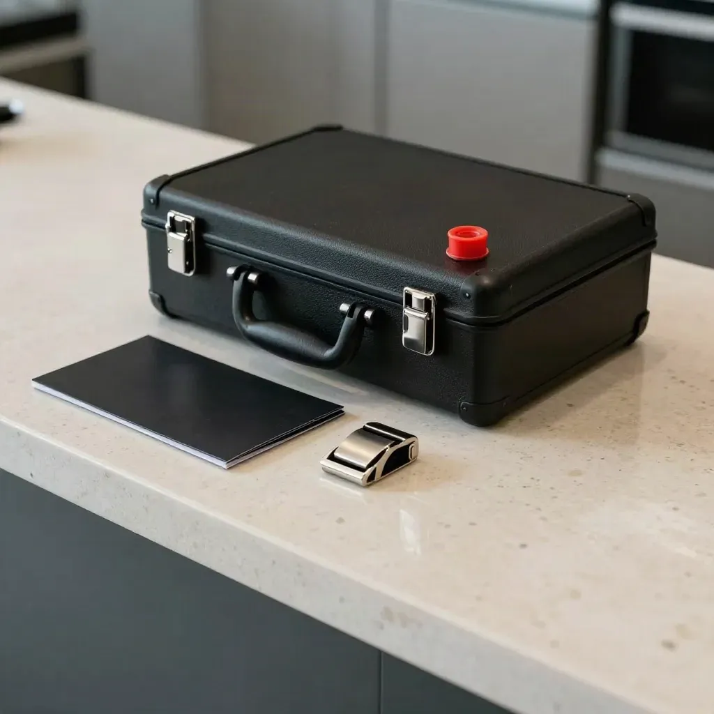 Top-down courier case with red seal on a travertine lobby counter, ready for rush document delivery.