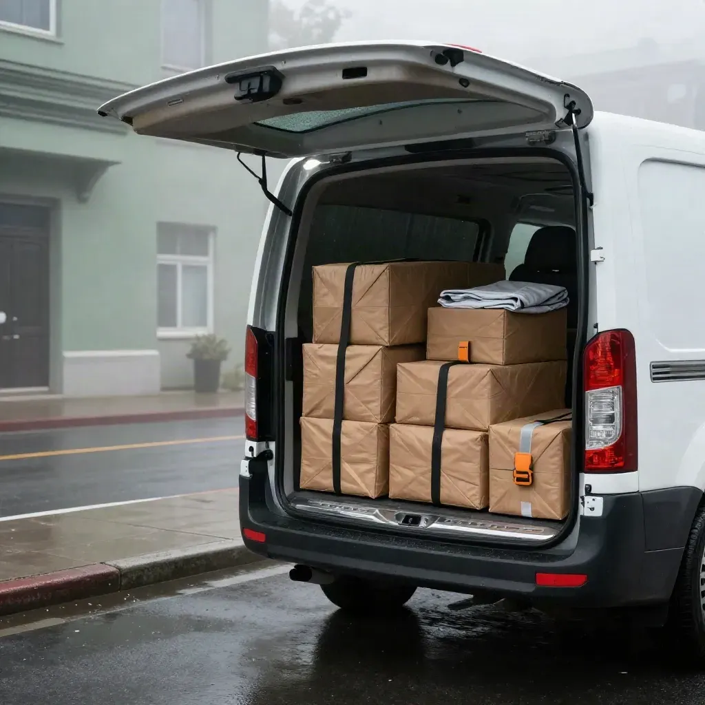 Open cargo van loaded with parcels in rainy dawn light, curbside and ready to depart.